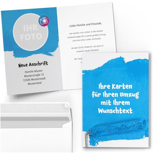 10 personalisierte Umzugskarten mit Ihrem Text und Foto - Umzug Einzug Adresse Umzugsanzeige Neueröffnung DIN A6 Umschläge für Privat Geschäftlich Frisch gestrichen blau