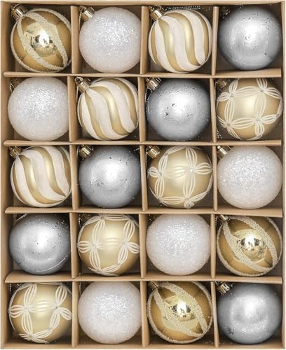 Valery Madelyn Weihnachtskugeln 20 Stücke 5cm Kunststoff Christbaumkugeln Weihnachtsdeko mit Aufhänger Baumschmuck für Weihnachtsdekoration Gold Weiß Elegant Thema(M)