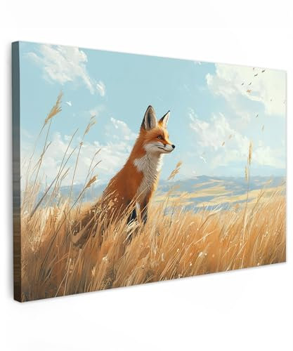 MuchoWow© Leinwandbild Groß 120x80 cm XXL Dekoration Wohnzimmer Bilder Pictures Wall Decoration Living Room Wohnungs Deko Moderne Bild Fuchs - Gras - Wolken - Orange