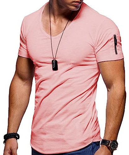 MOKBAY Tee Shirt Homme Acheter en Ligne L Manche Courte Col V Sport Rose Mode Marque Humour Grande Taille de Sport de Travail Tshirt Blanc Uni Running Musculation T Shirt Blanc Homme Rose L