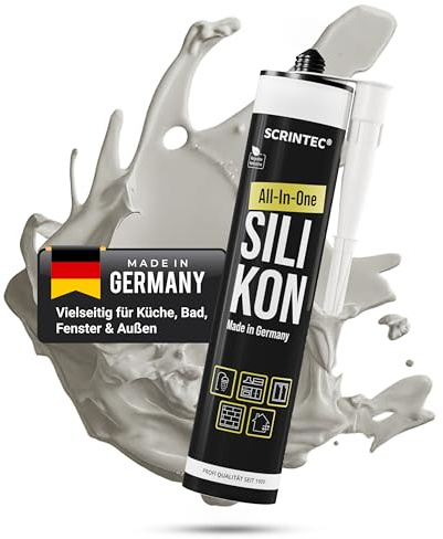 SCRINTEC® All-In-One Silikon Sanitärgrau 310 ml | Bad, Küche & Fenster | Silikon Dichtstoff, UV-beständig, lebensmittelecht, natursteinverträglich, Abdichtungen, recycelte Kartusche, Innen & Außen