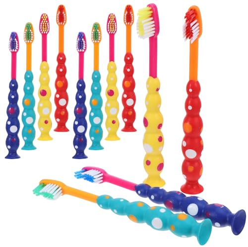 Kinderzahnbürste mit Cartoon Motiv 12 Stück-pack, Nylon, Handzahnbürste | Saugnapf Basis, Weiche Borsten, Griff für Kleine Hände, Geeignet für Jungen und Vorschulkinder