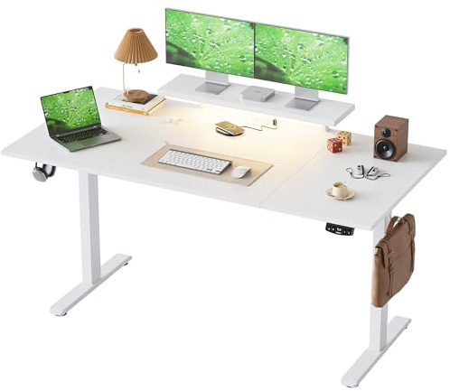 Klicelor Höhenverstellbarer Schreibtisch mit verstellbarem Monitorständer | Schreibtisch elektrisch 160 x 80 cm mit LED-Beleuchtung, USB-Steckdose, 2 Speicherplätzen, Homeoffice, Weiß