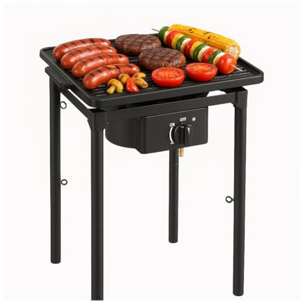 INTEC - Fornello a gas 1 fuoco, barbecue Grill 4,5 kW 2 in 1, bruciatore in ghisa + piastra grill 40 x 40 cm, 3 altezze modulabili Piezo