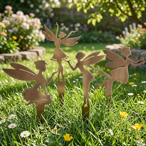 Gartenstecker Elfen Roststecker,4 Stück Wetterfeste Fee Metall Stecker | Fee Metall Stecker,Elfen Figuren Garten Deko,Gartenstecker,Dekoration,Geschenke