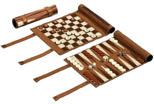 Philos 2801 - Reise-Schach-Backgammon-Dame-Set, aus Kunstleder zum Rollen, Feld 25mm