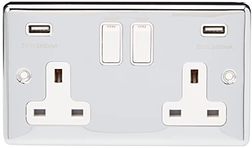 AET CPC2GUSBWH Polished Chrome Classical 2 Gang w Charging Ports White Insert Plastic Rocker Switches-13 Amp Double Plug Socket & Dual USB Power Outlet