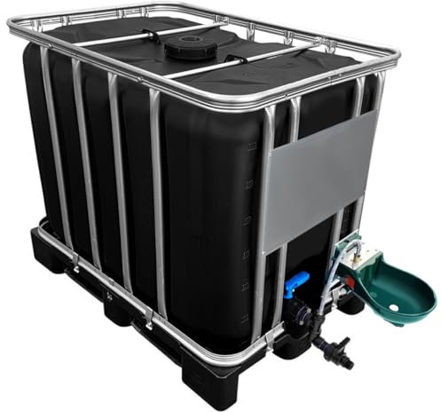 REKUBIK 600l IBC Wassertank in SCHWARZ mit Tränkebecken auf PE-Palette NEU