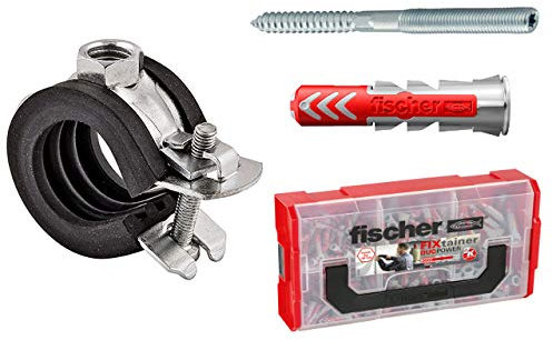 Fischer Gelenkrohrschelle Profi SET 900 Stück Stockschraube STST M8 Dübel DUOPOWER 10x50 Vorteils-Box FIXtainer