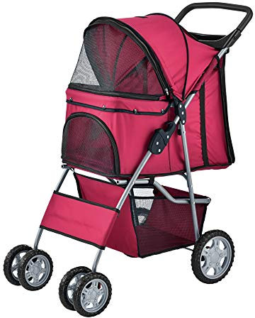 pro.tec Hundewagen 'Niceville' Pet Stroller Hundebuggy Regenschutz zum Schieben Roadster inkl. Einkaufstasche Rot
