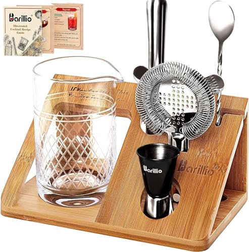 20 Oz Crystal Cocktail Mixing Glass Set With Bamboo Stand by Barillio | Seamless Mixing Pitcher for Stirred Cocktail with Thick Weighted Bottom