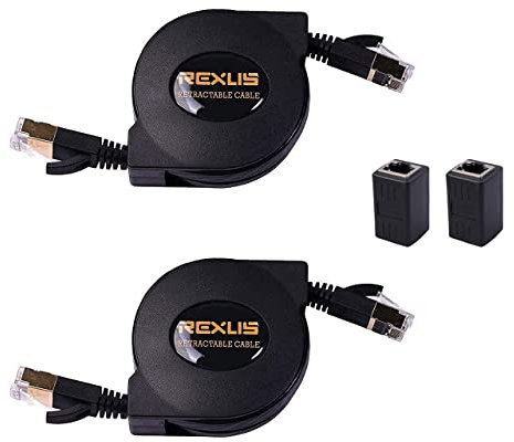 REXUS 2-Pack Retractable Cat 7 Flat Ethernet Network Cable 4.9 FT (1.5 M) with 2 RJ45 Coupler, High-Class 10 Gigabit LAN Wires Internet Patch Cable with RJ45 Gold Plated Connector (C7R15x2CP)