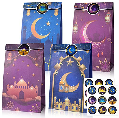 DPKOW 12 Stück Eid Mubarak Geschenktüten mit Etikettenaufklebern, Islamische Muslimische Papiertüten Ramadan Eid Partytüten für Geschenkverpackung, Süßes Plätzchen Tüten für Eid Home Tischdekorationen