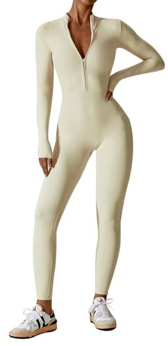 Ecupper Jumpsuits Damen Yoga Bodycon Einteiler Zip Up Overall Rompers Langärmelig Workout Outfit Aprikose S