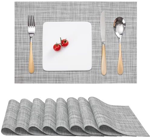 Myir JUN Tischsets Abwaschbar 8er Set, Gewebte Platzdeckchen rutschfest Abgrifffeste Hitzebeständig, Vinyl Platzsets Abwaschbar für küche Speisetisch Hotel, Platz-Matten30x43.5cm (Hellgrau)