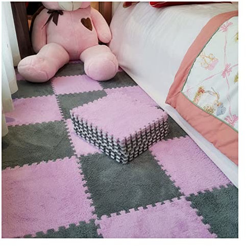 Umiup 12 X 12 Interlocking Floor Tiles, Fluffy Plush Carpet Foam Mats, Puzzle Exercise Floor Mat, Area Rug for Living Room Bedroom Decor, 11Mm Thick Foam,Purple+Grey,10Pcs