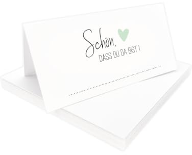Tischkarten Schön, dass du da bist weiß mit Herz | Farbe wählbar | 25, 50, 100 Stück | selbst beschriften | Namensschilder, Platzkarten | für Hochzeit, Geburtstag uvm (Grün, 50)