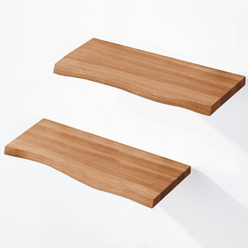 LAMO Manufaktur 2 étagères Murale en Bois avec Fixation Invisible 2X 42cm | Etagère Murale en 100% Bois Massif | Etagère Murale pour Salon | Set 2 étagères Bord irrégulier Couleur: Foncé