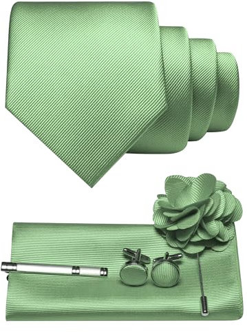 JEMYGINS Herren Krawatte aus Twill mit einfarbigem Design inklusive Pocket Square Manschettenknöpfen Krawattenklemme und Blütenbrosche Geschenkset für Partys Business Hochzeiten Mintgrün 2