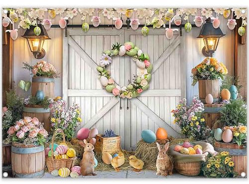 Luminora 2,1 x 1,5 m Pâques Blanc Mur en Bois Porte De Grange Toile De Fond Printemps Œufs Colorés Lapin Floral Photographie Fond Décorations De Fête De Vacances Bannière Photo Accessoires