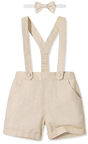 Volunboy Bebé Niño Pantalones Cortos con Tirantes, Verano Lino Shorts con Pajarita 3 Piezas(Caqui Claro,2-3 años,Tamaño 100)