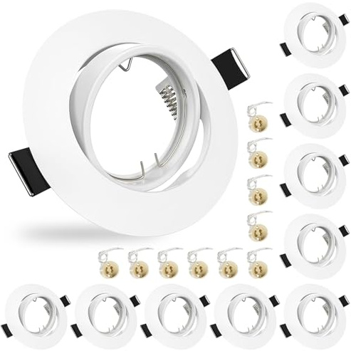 Lumlog 10x GU10 Downlights for Ceiling Round Matt White Finish Metal Frame for Recessed Ceiling Lights 30° Tilt Swivel Spotlight Fittings 240V, Outer Diameter: 90mm, Cutout 68-85mm, No Bulbs