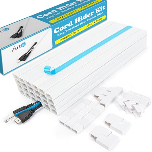 Art3d Cable Trunking Kit, 9.14 Meter Cable Cover Wire Hiders for Wall, Self Adhesive Wire Trunking Cable Raceway, Cable Management Kit for Home Office - 24X L380mm, W24mm H14mm, White