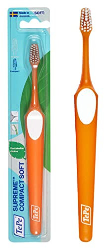 TePe Supreme Compact Zahnbürste – Konische Bürsten-Form mit kurzen und langen Borsten für optimale, sanfte Reinigung bis in die Zahnzwischenräume, zufällige Farbe