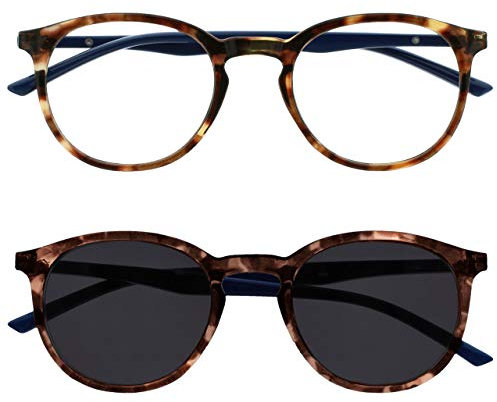 OPULIZE Met Pacco Doppio Occhiali Da Lettura Con Lettore Sole Grande Giro Marrone Blu Navy Uomo Donna Cerniere Molla RS60-2 +2,00