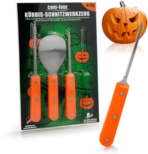 com-four® set da 4 pezzi per intagliare la zucca per Halloween - utensili da taglio per scavare le zucche - set da intaglio con cucchiaio, coltelli da sega e sega a strappo (4 pezzi - arancione)