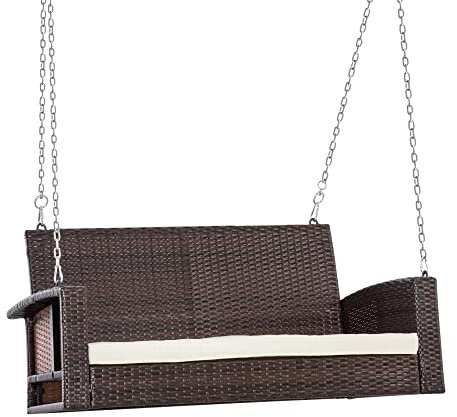 Outsunny 2 Seater Rattan Garden Swing Chair, Porch Swing Bench Loveseat with Cushion, Wicker Outdoor Hanging Swinging Seat with 2 Metal Chains, 250 KG Capacity for Patio, Balcony, Cream White