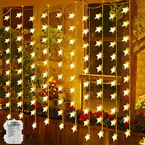 Star Curtain Fairy Lights Battery Powered 2m x 1m 100 LED Christmas String Waterproof&8 Modes for Windows Bedroom Party Outside Decorations (Warm White)