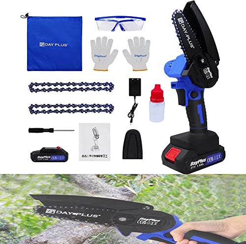 4-Inch Cordless Mini Chainsaw Brushless Battery Chainsaw for Trees, Cordless Chain Saw Pruning Shears Chainsaw w/21V 1.5Ah Battery and Fast Charge, 2 Chains Portable Handheld Electric Chainsaw
