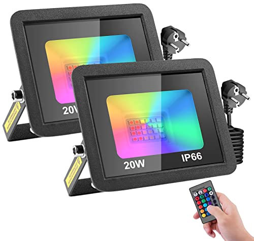Projecteur LED RGB Exterieur 20W,Projecteur LED Couleur avec Prise & Télécommande,16 Couleurs 4 Modes Spot LED Extérieur avec Fonction Mémoire,IP66 Étanche Spot LED Extérieur pour Terrasse Jardin