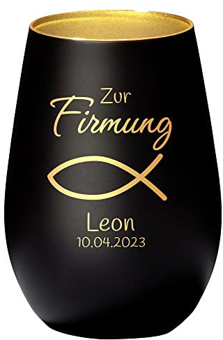 4you Design Windlicht Fisch mit Namen, Datum graviert (Metall-Schwarz-Gold) Geschenk zur Firmung, Teelichthalter für Patenkinder, Personalisierte Geschenkidee