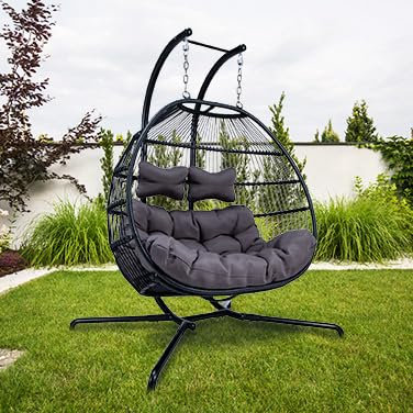 PureHaven Hängesessel für 2 Personen 130x120x200 cm Rattan-Kunststoffgeflecht mit Kissen wasserfest strapazierfähig gefederte Aufhängung grau/schwarz
