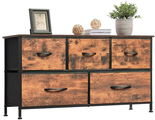 Somdot Chest of Drawers with 5 Drawers, Wide Storage Organiser Fabric Dresser for Living Room TV Stand Bedroom Closet Nursery Bedside Entryway Hallway, Wood Grain Print