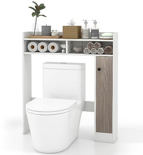 COSTWAY Mobiletto da Bagno Sopra WC, Organizzatore da Bagno con Ripiani Regolabili Anta Singola e Ripiani Aperti, Ideale per Lavanderia, 88x18x100 cm (Bianco)