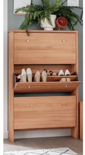 Lomadox Schuhschrank Massivholz Buche Schuhkipper Schuhkommode Schuhorganizer Garderobenschrank 3 Klappen Softclose 82x133x27 cm
