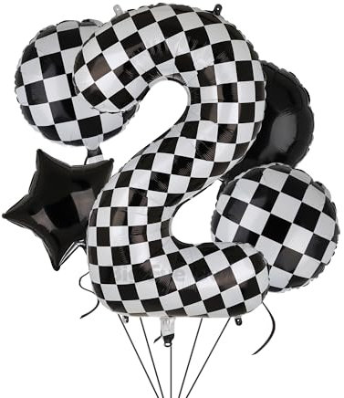 XXL Checkered Zahl 2 Folienballons Schwarz Weiß Rennauto Ballon 5 Stück Mylar Helium Zahlen 2 Rennwagen Autos Luftballon Party Deko Geburtstags Race Car Theme 100cm