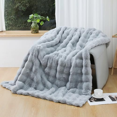 UKELER Coperta pelosa in peluche, grande, super morbida, per letto, divano, ufficio, campeggio, coperta in pelliccia sintetica a pelo lungo, 152 x 203 cm, grigio