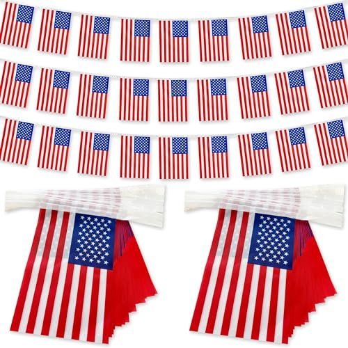 TSMD 2 Packungen USA-amerikanische Flagge, Banner, Schnur, kleine Mini-Hängeflaggen für den 4. Juli, Unabhängigkeits-Gedenktags-Dekoration, 18 m, 40 Flaggen