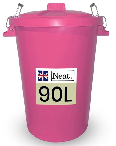 Neat. 90L Bin Coloured Large Plastic Bins, Heavy Duty Kitchen Bin with Metal Handle Dustbin with Lid For Easy Refusal, Garden Bin Indoor Outdoor Rubbish Waste or Storage of Animal Feed, Pink-1Pack