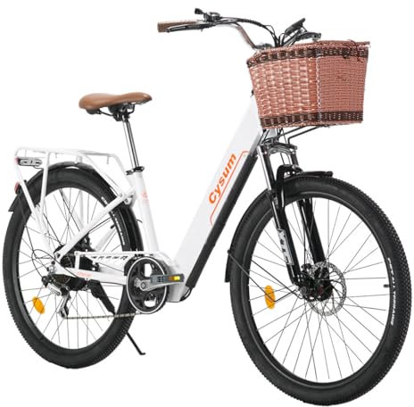 cysum Cityrun Bicicleta eléctrica, 26'' City Bici Elettrica para Mujer Adulta, E-Bike con 36v 10ah batería de Litio autonomía 80km, 7 velocidades de transmisión de Engranajes (Blanco)