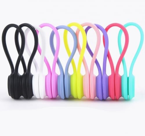 10PCS Magnetic Cable Ties, Silicone Cable Clips, Multi-Purpose Silicone Ties, Reusable Silicone Cable Clips for Managing and Bundling Wires, Earphone Cables, Chargers, Office, School, Home (10 Colors)
