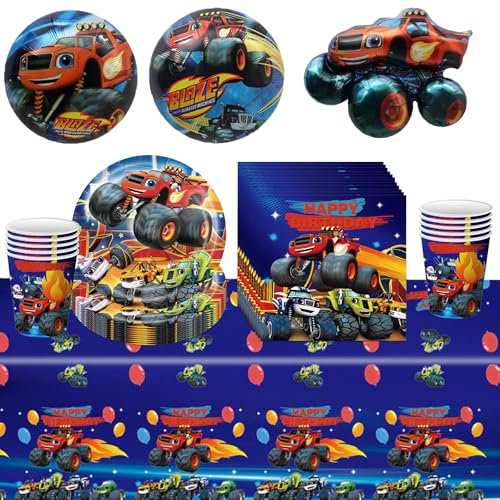 Auto Kindergeburtstag Partygeschirr, Monster Trucks Geburtstag Geschirr Kit, Autos Pappteller, Pappbecher, Servietten, Tischdecke, Folienballon, Monster Trucks Thema Geburtstag Tischdekoration
