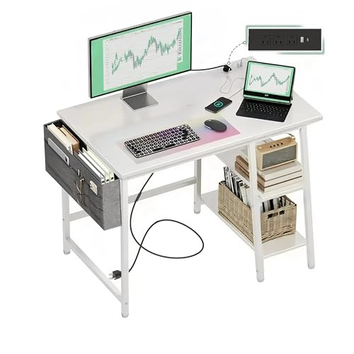 White Computer Desk, 80cm Gaming Desks, with with USB Charging Port & Power Outlet, Office Laptop Table, Study Tables with Metal Frame, Wood with Floating shelves, for Bedroom, Living Room
