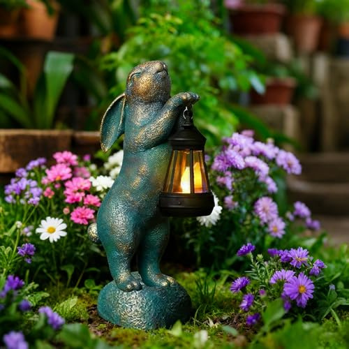 Kaninchen Figuren mit Solar, Gartendeko für Draußen, 23 cm Deko Bunny Figur Dekoration Zimmer Garten Lustig Geschenke für Frauen Kinder Balkon Terrasse Feengarten
