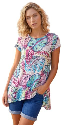 Roman Originals Hanky Hem Tunic Top for Women UK - Ladies Longline Blouse Asymmetric Hemline Short Sleeves Casual Slouch Loose Summer Spring Relaxed Comfortable - Blue Tropical - Size 16