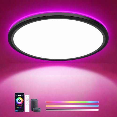 zemty LED Deckenleuchte Dimmbar mit Alexa, APP-Steuerung, Fernbedienung | 24W 3200LM 30CM Deckenlampe RGB Farbwechsel, 3000K-6500K Schwarz Badezimmer Lampe für Kinderzimmer Schlafzimmer Jugendzimmer